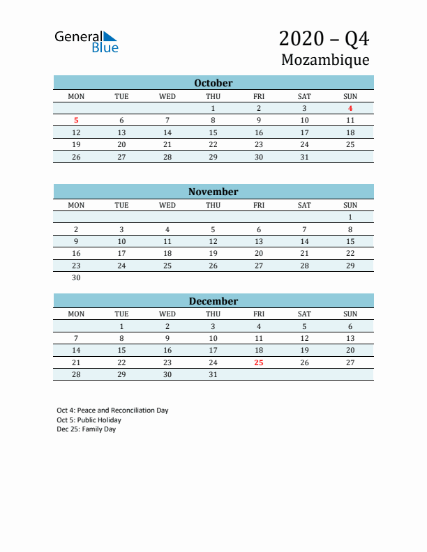 Three-Month Planner for Q4 2020 with Holidays - Mozambique