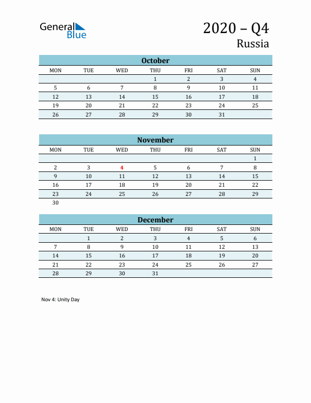 Three-Month Planner for Q4 2020 with Holidays - Russia