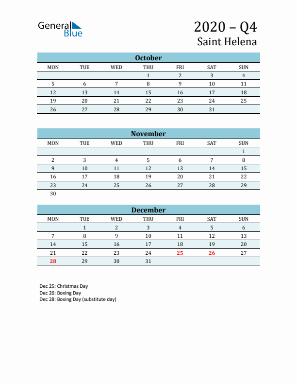 Three-Month Planner for Q4 2020 with Holidays - Saint Helena