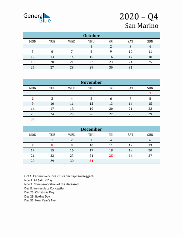 Three-Month Planner for Q4 2020 with Holidays - San Marino