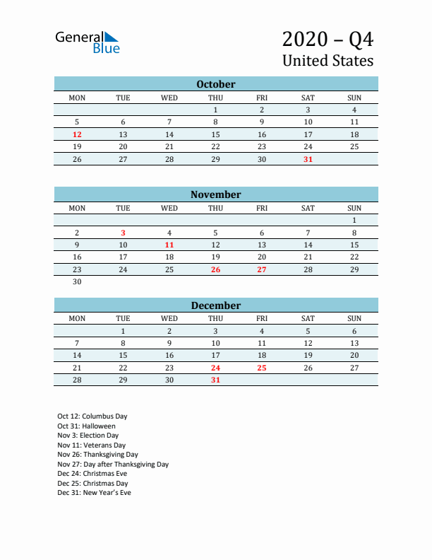 Three-Month Planner for Q4 2020 with Holidays - United States