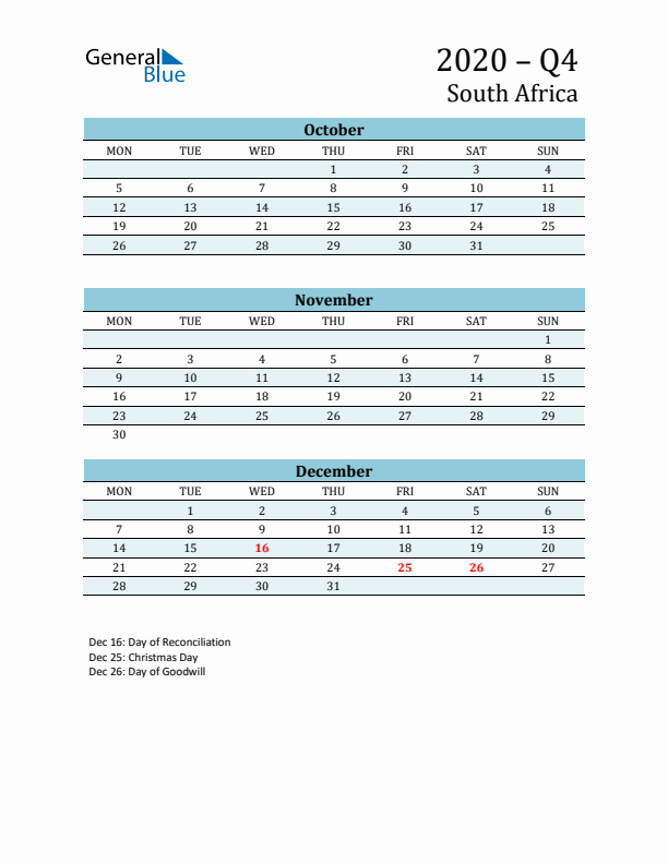 Three-Month Planner for Q4 2020 with Holidays - South Africa