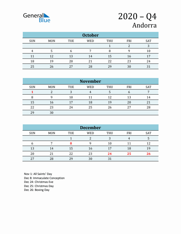 Three-Month Planner for Q4 2020 with Holidays - Andorra