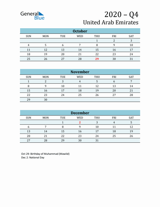 Three-Month Planner for Q4 2020 with Holidays - United Arab Emirates