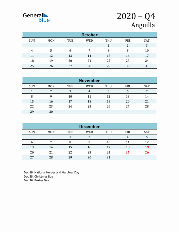 Three-Month Planner for Q4 2020 with Holidays - Anguilla