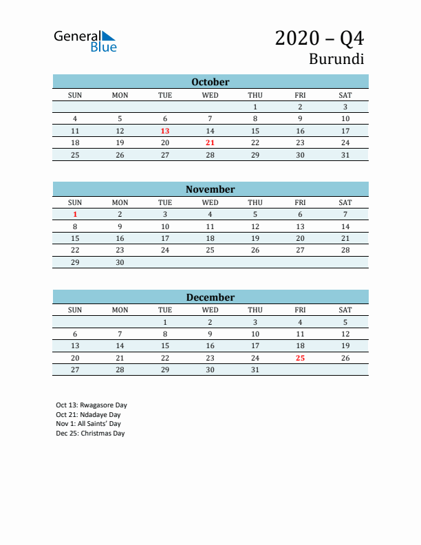 Three-Month Planner for Q4 2020 with Holidays - Burundi