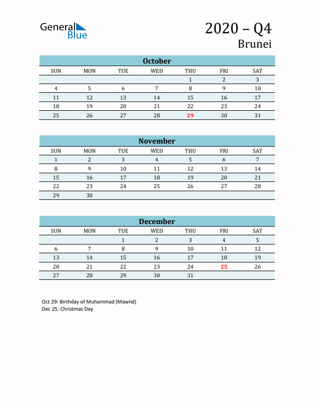 Three-Month Planner for Q4 2020 with Holidays - Brunei