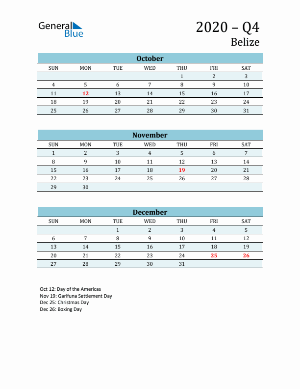 Three-Month Planner for Q4 2020 with Holidays - Belize