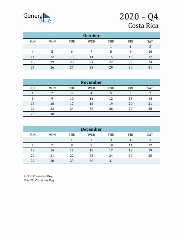 Three-Month Planner for Q4 2020 with Holidays - Costa Rica