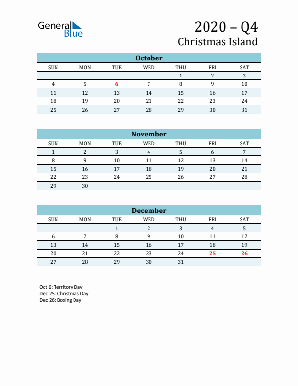 Three-Month Planner for Q4 2020 with Holidays - Christmas Island