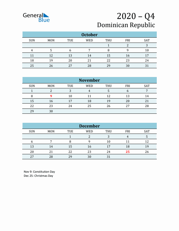 Three-Month Planner for Q4 2020 with Holidays - Dominican Republic