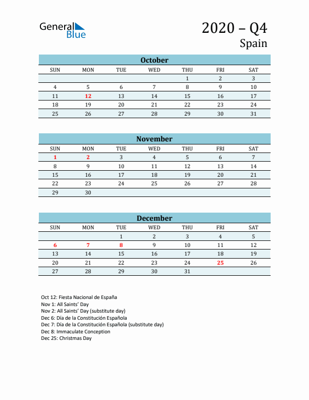 Three-Month Planner for Q4 2020 with Holidays - Spain