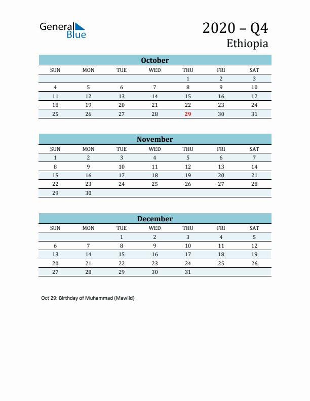 Three-Month Planner for Q4 2020 with Holidays - Ethiopia