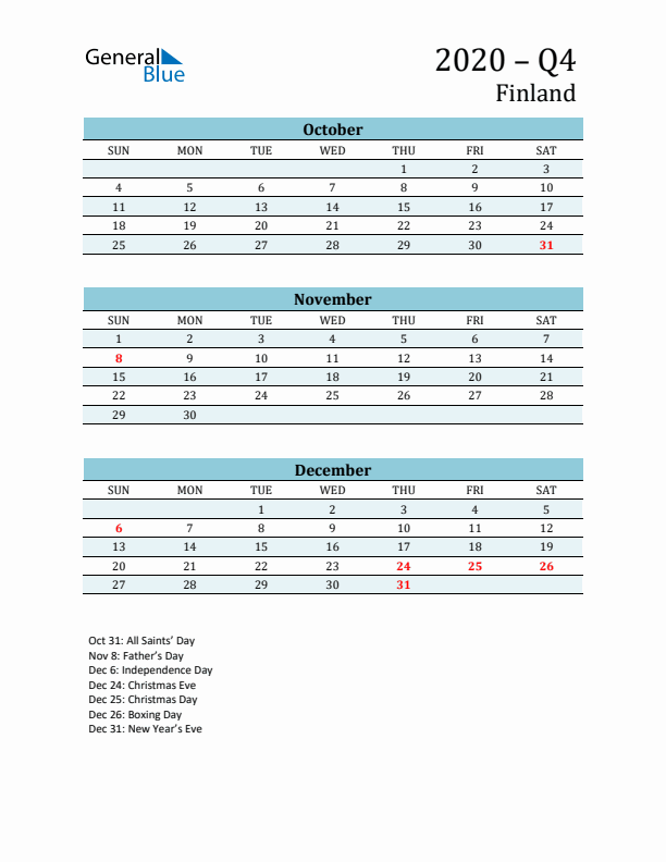 Three-Month Planner for Q4 2020 with Holidays - Finland