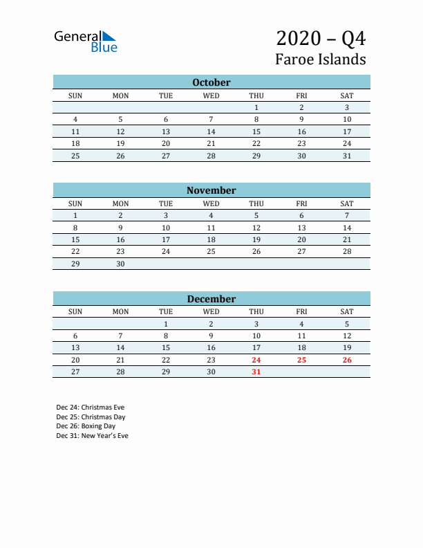 Three-Month Planner for Q4 2020 with Holidays - Faroe Islands