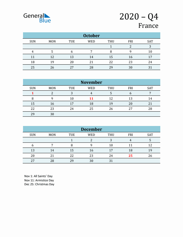 Three-Month Planner for Q4 2020 with Holidays - France