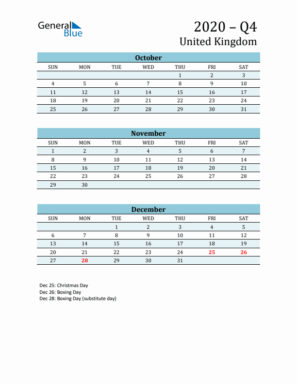 Three-Month Planner for Q4 2020 with Holidays - United Kingdom