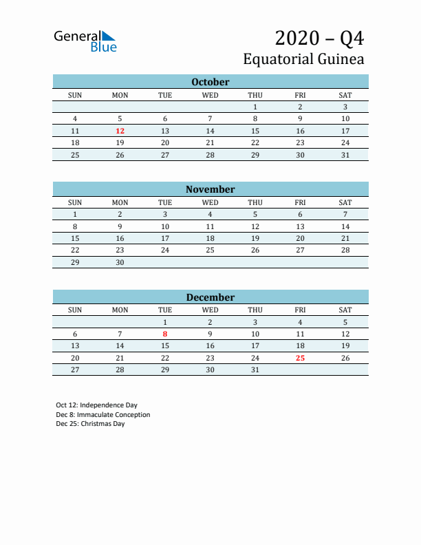 Three-Month Planner for Q4 2020 with Holidays - Equatorial Guinea