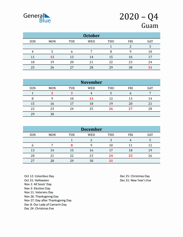 Three-Month Planner for Q4 2020 with Holidays - Guam