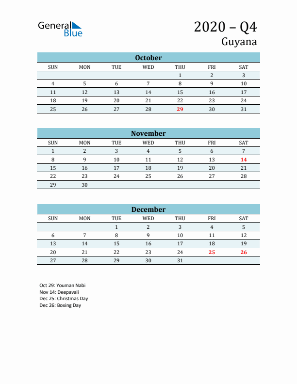 Three-Month Planner for Q4 2020 with Holidays - Guyana