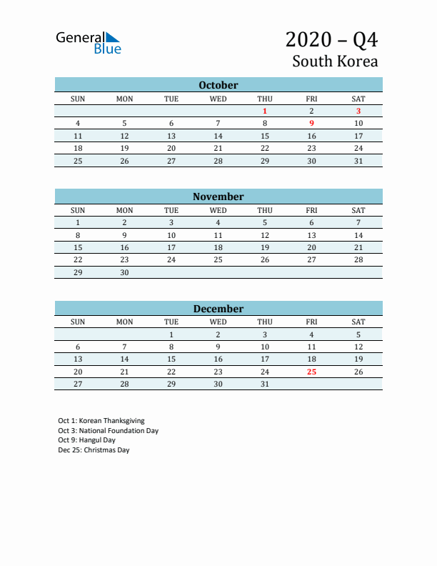 Three-Month Planner for Q4 2020 with Holidays - South Korea