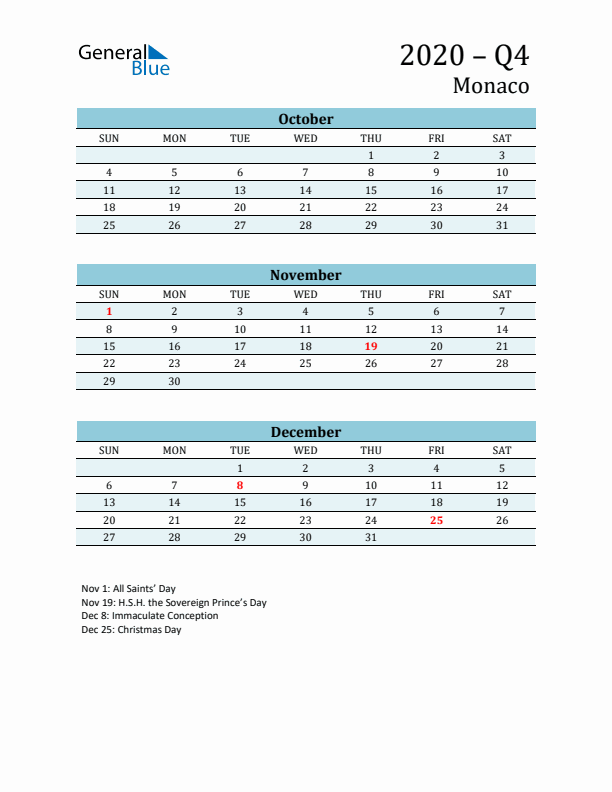 Three-Month Planner for Q4 2020 with Holidays - Monaco