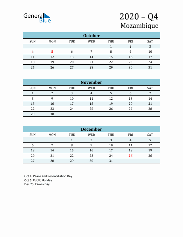 Three-Month Planner for Q4 2020 with Holidays - Mozambique