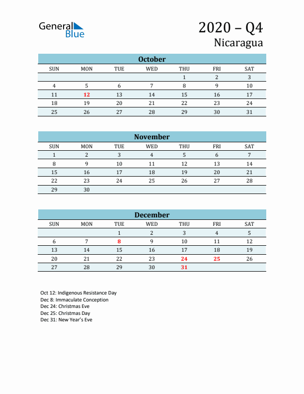 Three-Month Planner for Q4 2020 with Holidays - Nicaragua