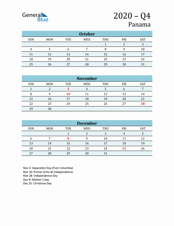 Three-Month Planner for Q4 2020 with Holidays - Panama