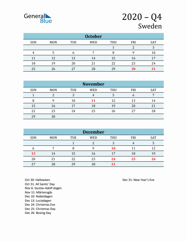 Three-Month Planner for Q4 2020 with Holidays - Sweden