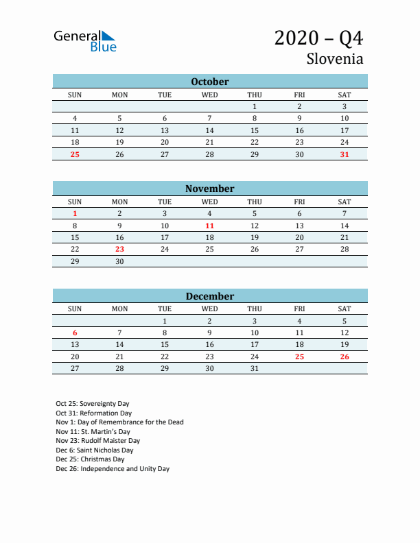 Three-Month Planner for Q4 2020 with Holidays - Slovenia