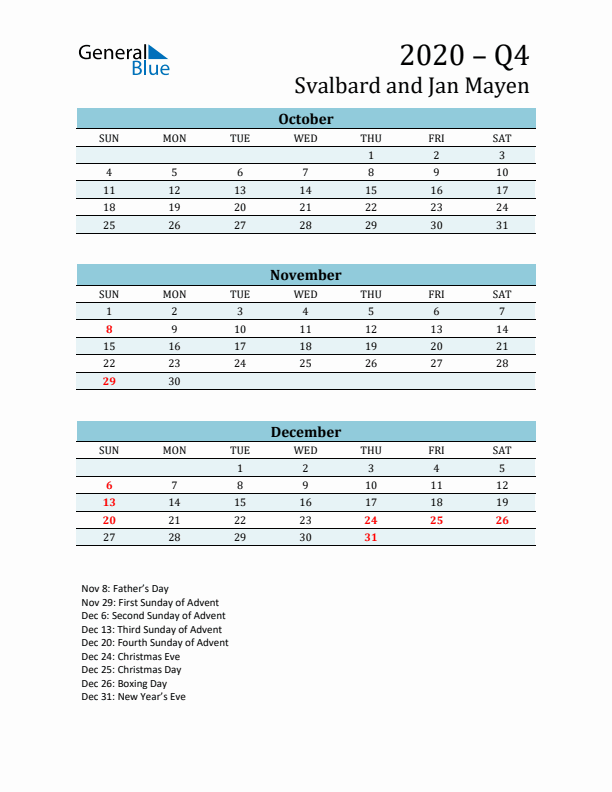 Three-Month Planner for Q4 2020 with Holidays - Svalbard and Jan Mayen