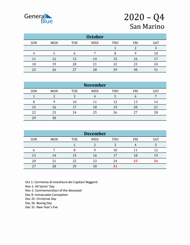 Three-Month Planner for Q4 2020 with Holidays - San Marino