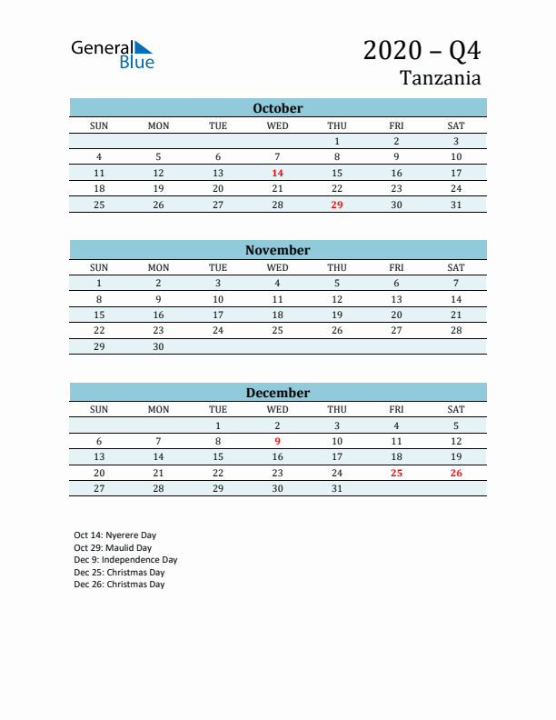 Three-Month Planner for Q4 2020 with Holidays - Tanzania