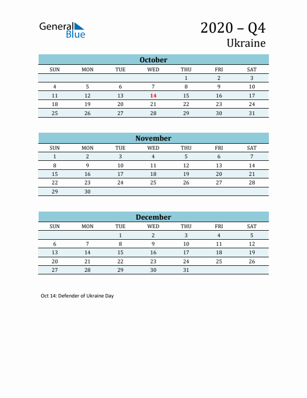 Three-Month Planner for Q4 2020 with Holidays - Ukraine