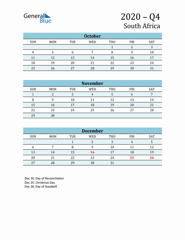 Three-Month Planner for Q4 2020 with Holidays - South Africa