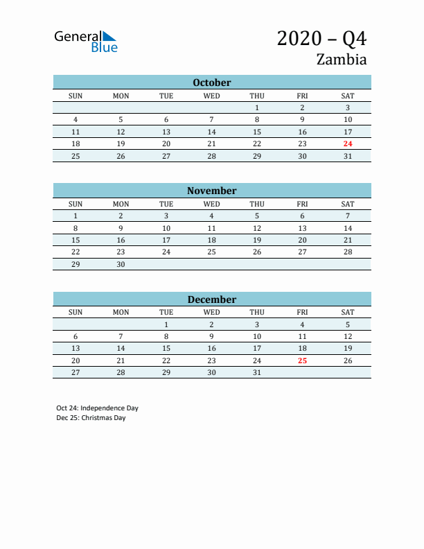 Three-Month Planner for Q4 2020 with Holidays - Zambia