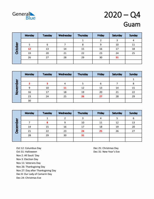 Free Q4 2020 Calendar for Guam - Monday Start