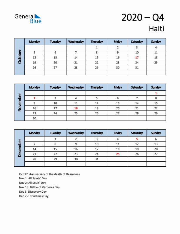 Free Q4 2020 Calendar for Haiti - Monday Start