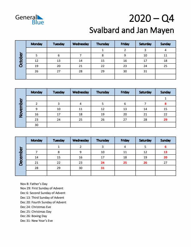 Free Q4 2020 Calendar for Svalbard and Jan Mayen - Monday Start