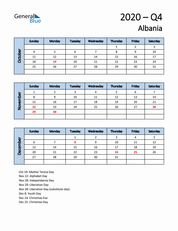 Free Q4 2020 Calendar for Albania - Sunday Start