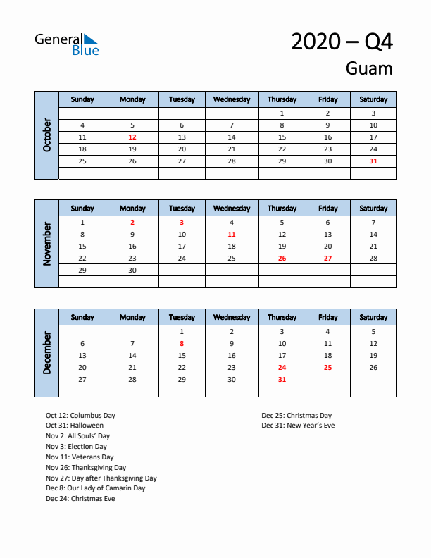 Free Q4 2020 Calendar for Guam - Sunday Start