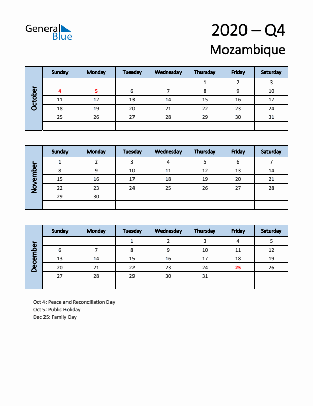 Free Q4 2020 Calendar for Mozambique - Sunday Start