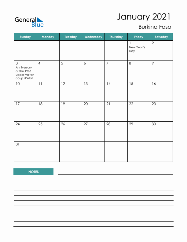 Calendar with Notes Printable - Sunday Start