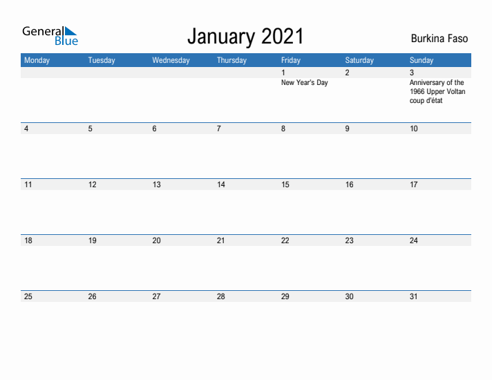 Fillable January 2021 Calendar