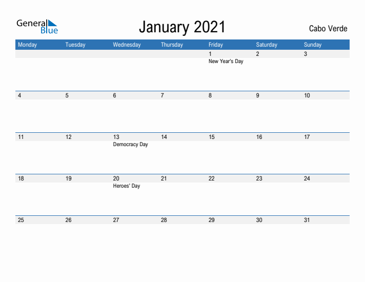 Fillable January 2021 Calendar