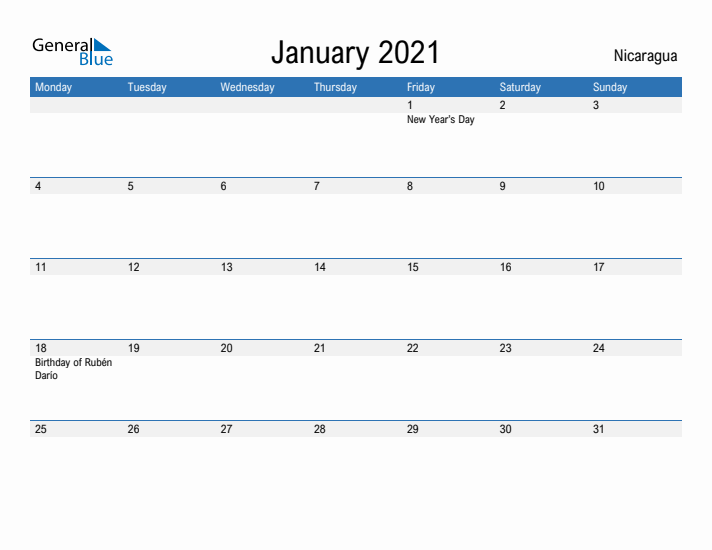 Fillable January 2021 Calendar