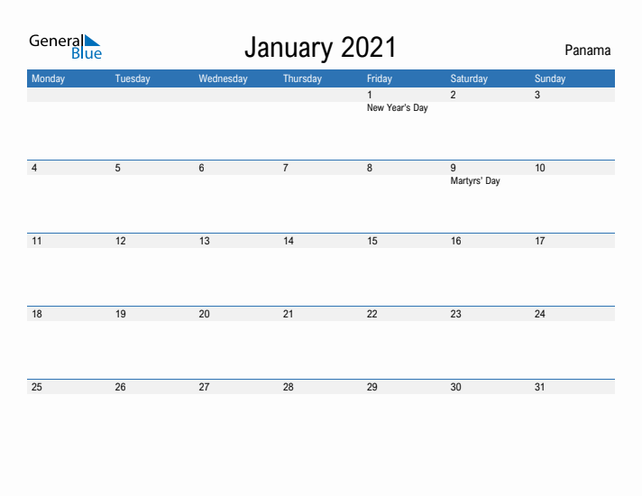 Fillable January 2021 Calendar