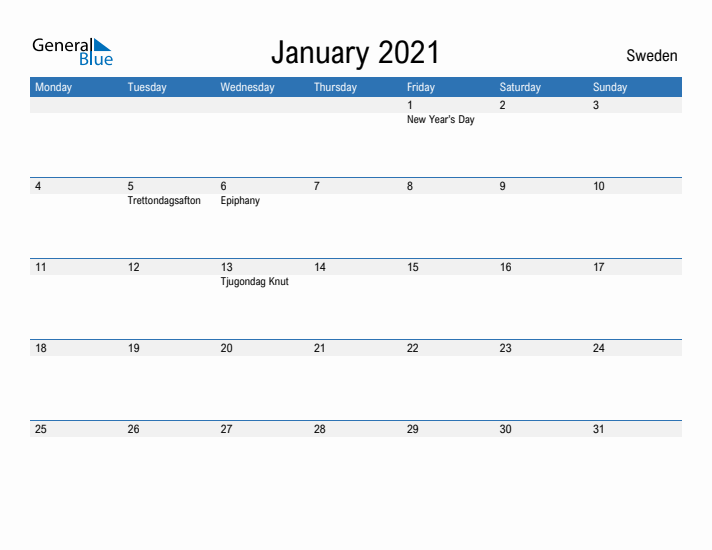 Fillable January 2021 Calendar