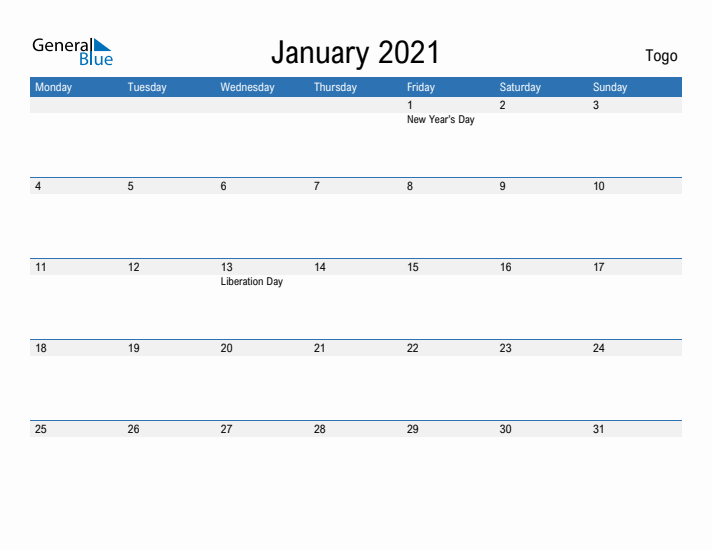 Fillable January 2021 Calendar